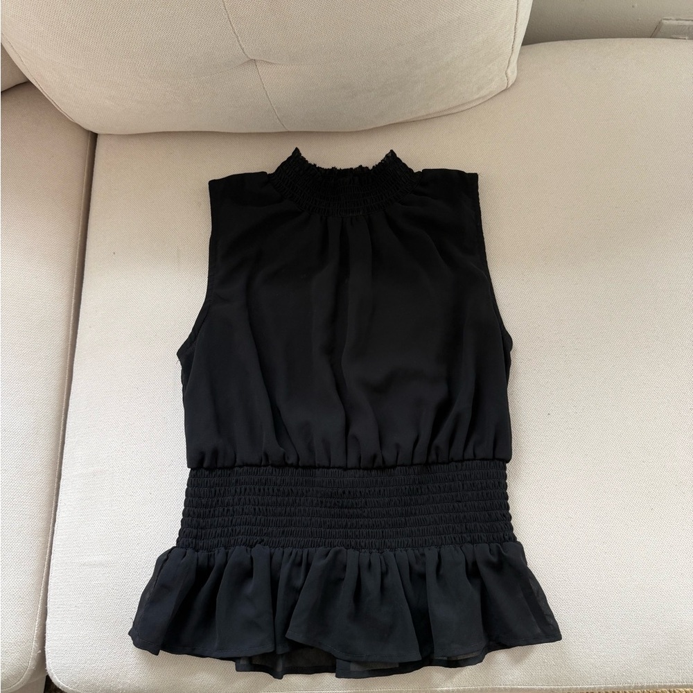 Japna Black Smocked Waist Ruffle Sleeveless Blouse